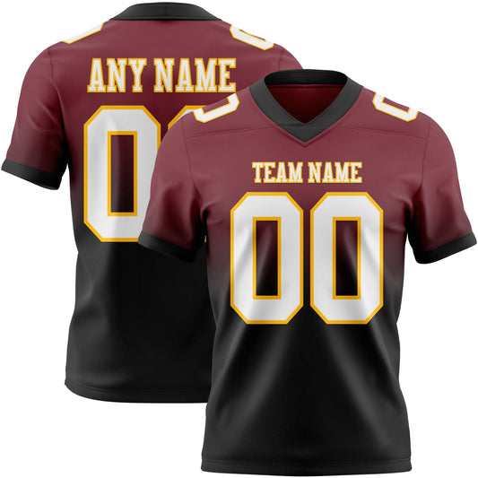 Custom Burgundy White Black-Gold Mesh Authentic Fade Fashion Football Jersey