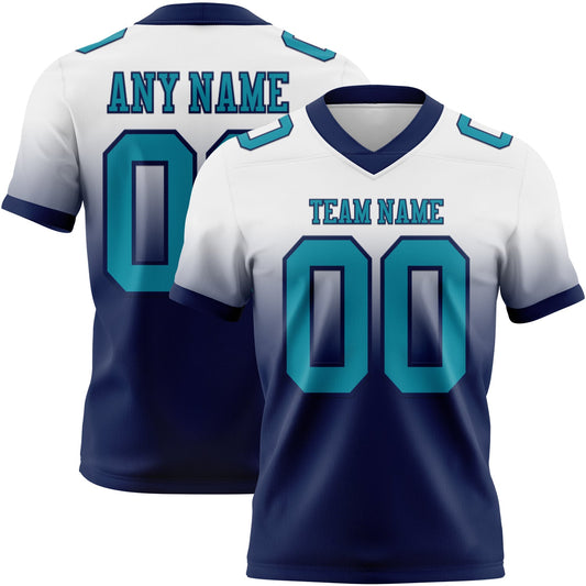 Custom White Teal-Navy Mesh Authentic Fade Fashion Football Jersey