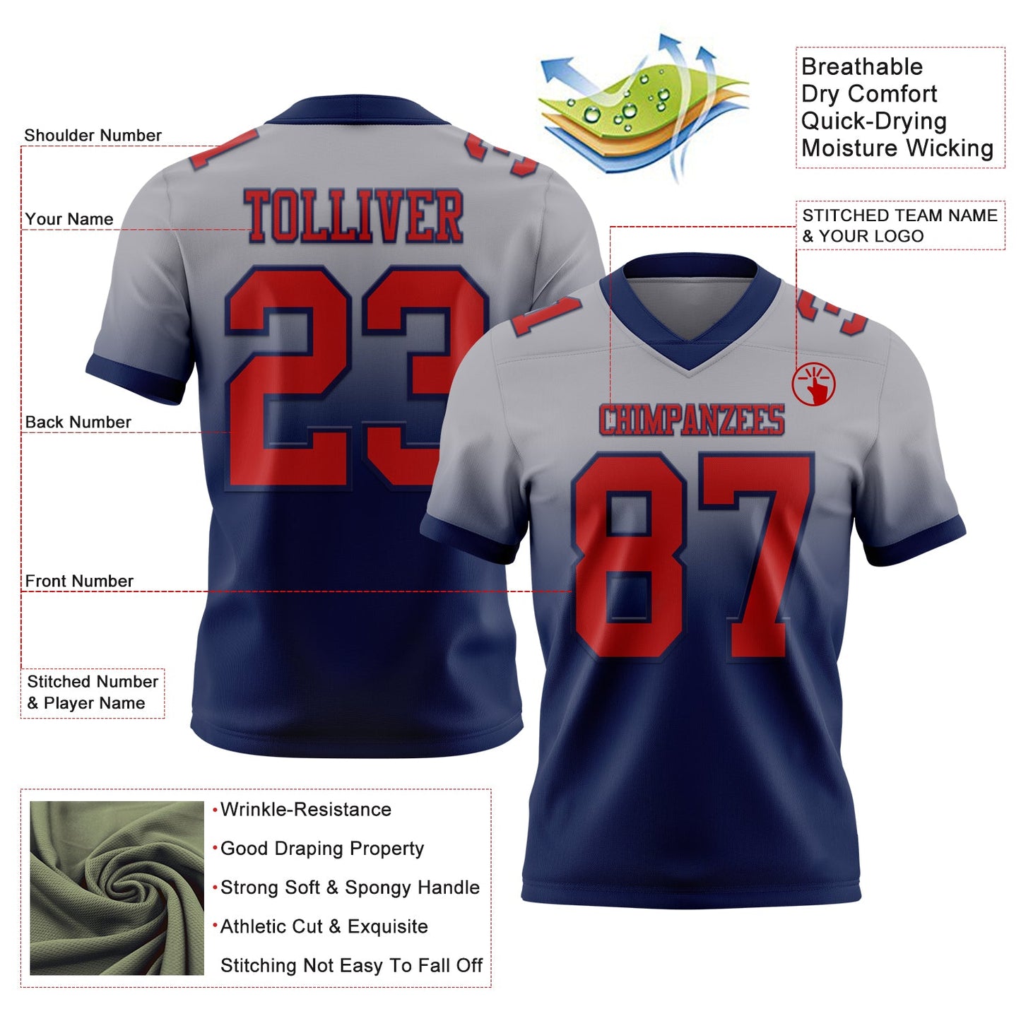Custom Gray Red-Navy Mesh Authentic Fade Fashion Football Jersey