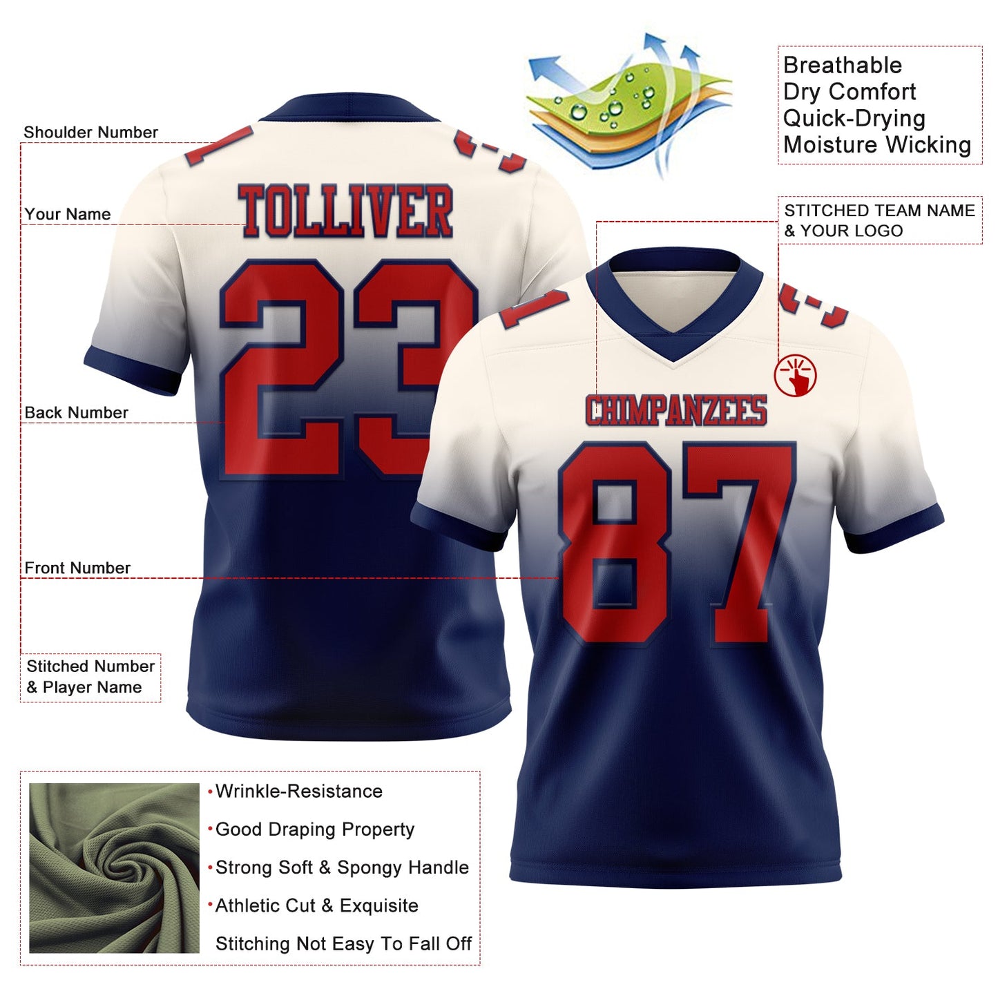 Custom Cream Red-Navy Mesh Authentic Fade Fashion Football Jersey
