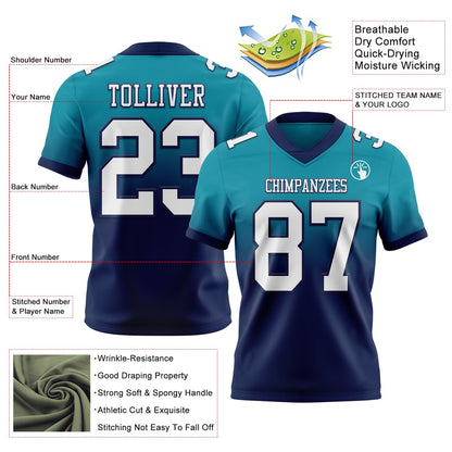 Custom Teal White-Navy Mesh Authentic Fade Fashion Football Jersey