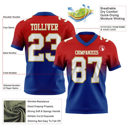 Custom Red White Royal-Old Gold Mesh Authentic Fade Fashion Football Jersey