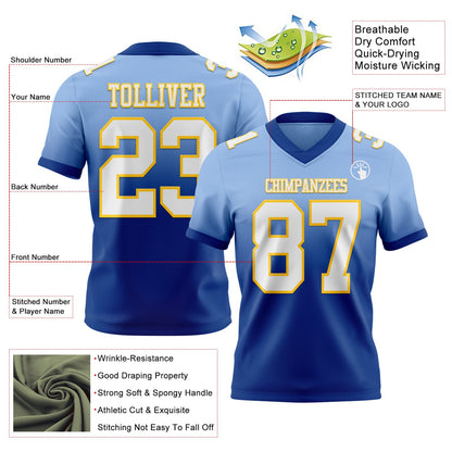 Custom Light Blue White Royal-Yellow Mesh Authentic Fade Fashion Football Jersey