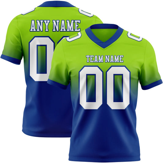 Custom Neon Green White-Royal Mesh Authentic Fade Fashion Football Jersey