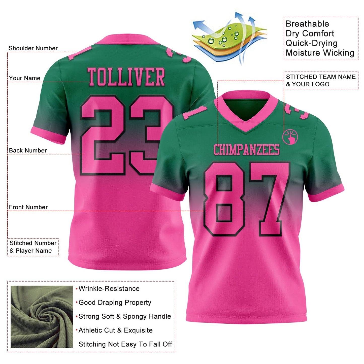 Custom Kelly Green Pink-Black Mesh Authentic Fade Fashion Football Jersey