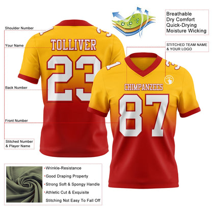 Custom Gold White-Red Mesh Authentic Fade Fashion Football Jersey