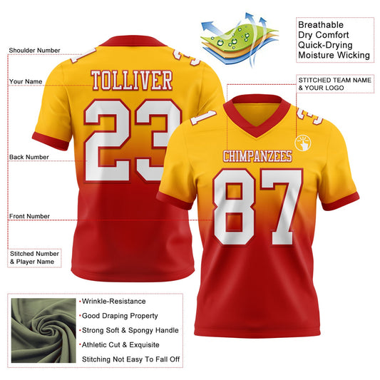 Custom Gold White-Red Mesh Authentic Fade Fashion Football Jersey