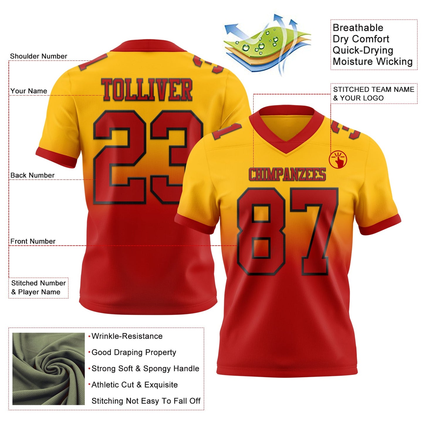 Custom Gold Red-Black Mesh Authentic Fade Fashion Football Jersey