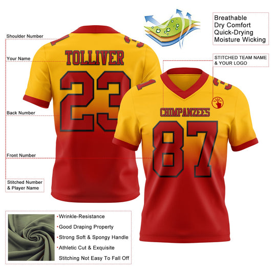 Custom Gold Red-Black Mesh Authentic Fade Fashion Football Jersey