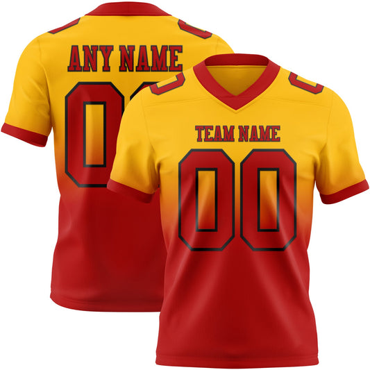 Custom Gold Red-Black Mesh Authentic Fade Fashion Football Jersey