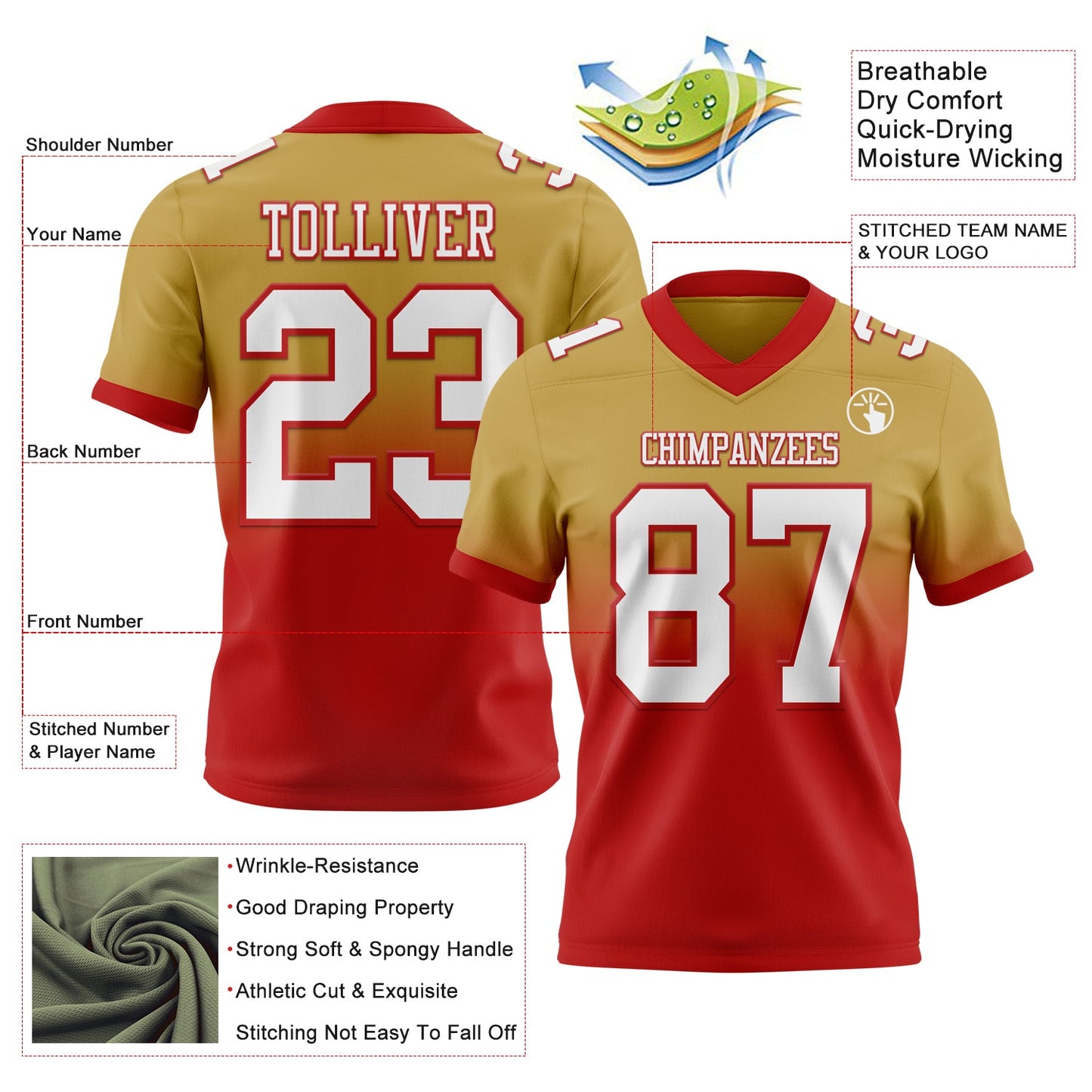 Custom Old Gold White-Red Mesh Authentic Fade Fashion Football Jersey