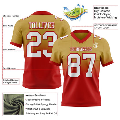 Custom Old Gold White-Red Mesh Authentic Fade Fashion Football Jersey