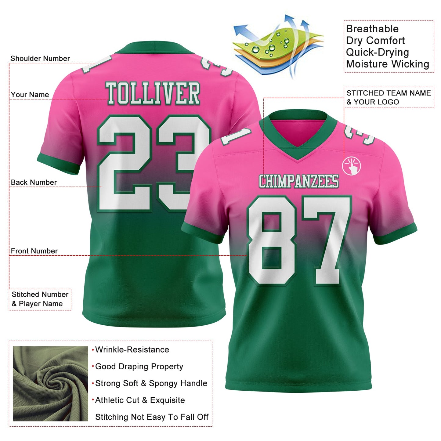 Custom Pink White-Kelly Green Mesh Authentic Fade Fashion Football Jersey