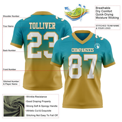 Custom Teal White-Old Gold Mesh Authentic Fade Fashion Football Jersey