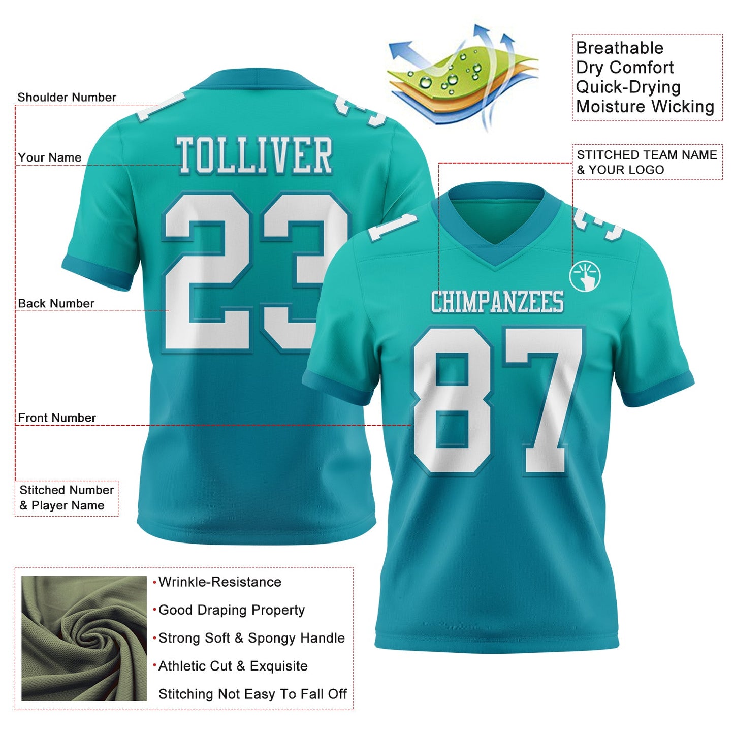 Custom Aqua White-Teal Mesh Authentic Fade Fashion Football Jersey