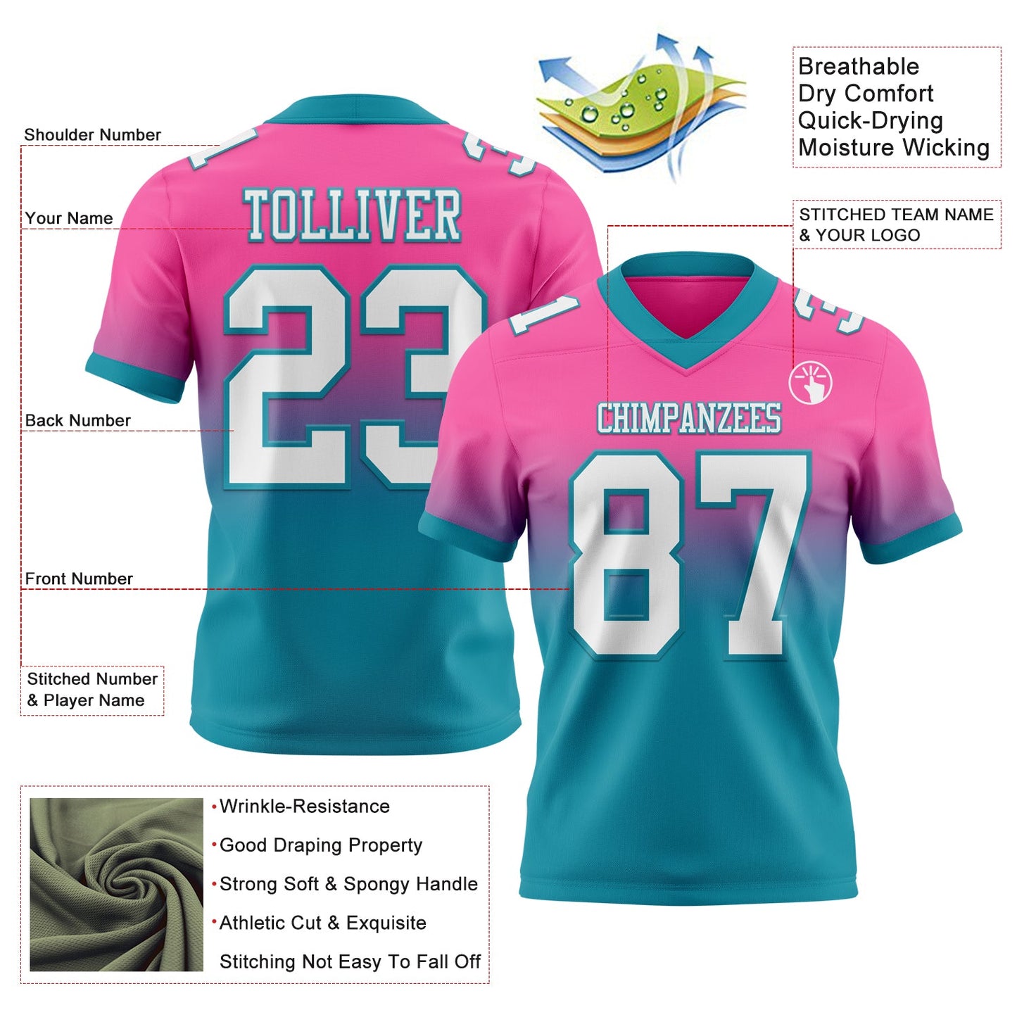Custom Pink White-Teal Mesh Authentic Fade Fashion Football Jersey