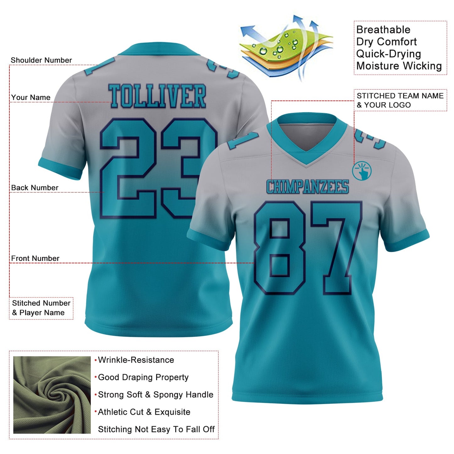 Custom Gray Teal-Navy Mesh Authentic Fade Fashion Football Jersey