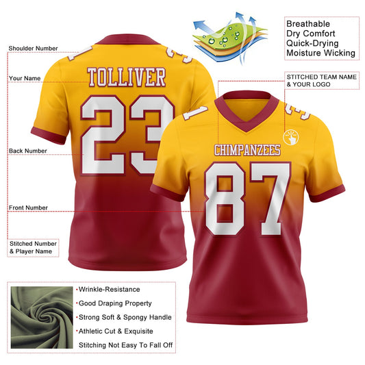Custom Gold White-Cardinal Mesh Authentic Fade Fashion Football Jersey
