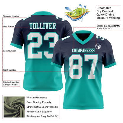 Custom Navy White-Aqua Mesh Authentic Fade Fashion Football Jersey