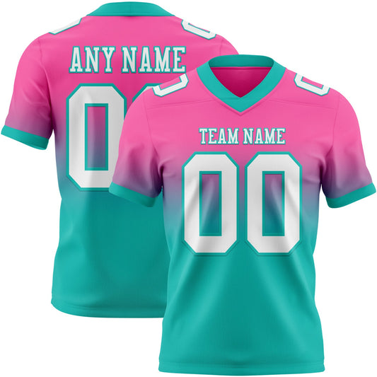 Custom Pink White-Aqua Mesh Authentic Fade Fashion Football Jersey