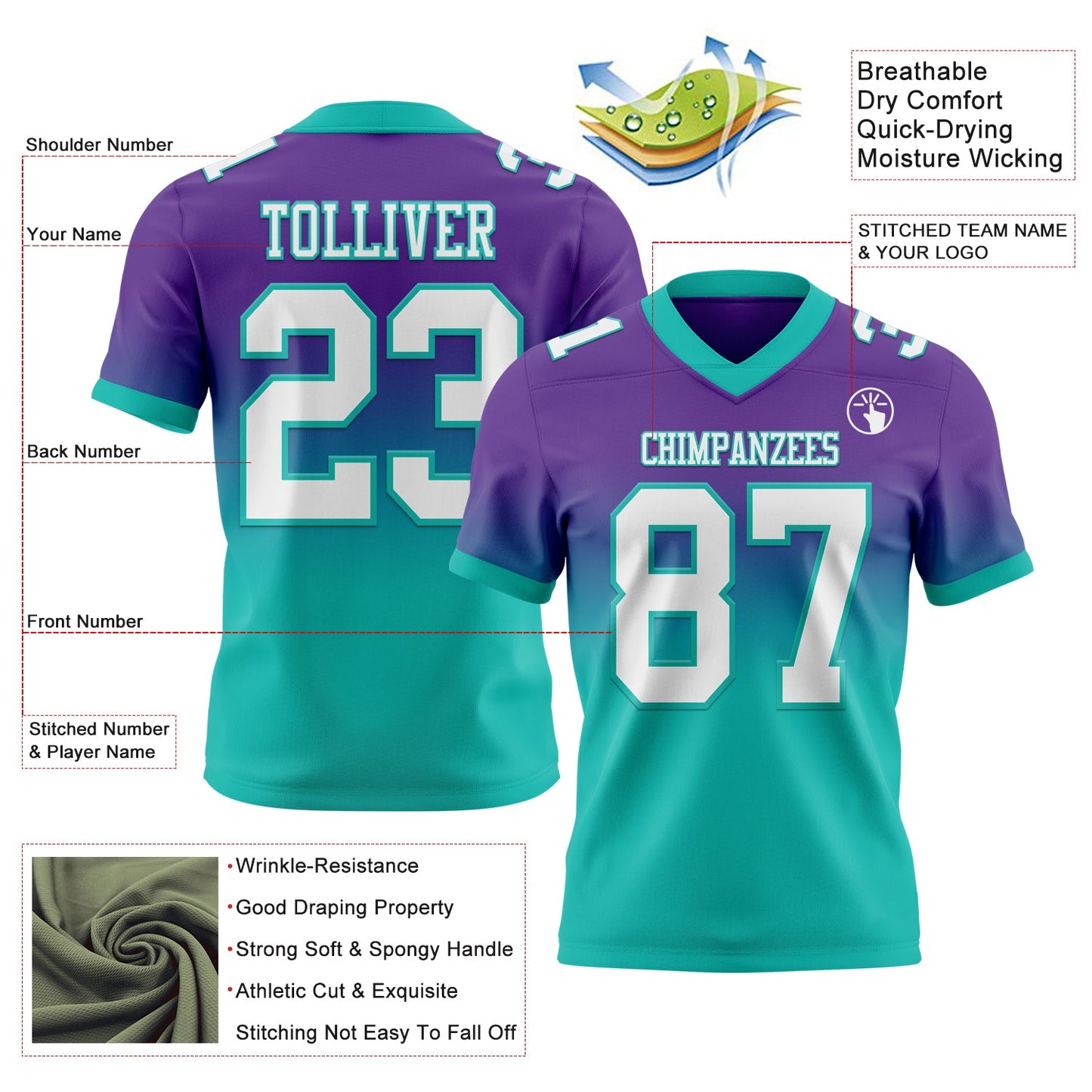 Custom Purple White-Aqua Mesh Authentic Fade Fashion Football Jersey