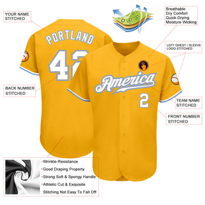 Custom Gold White-Light Blue Authentic Baseball Jersey