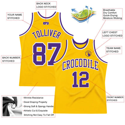 Custom Gold Purple-White Authentic Throwback Basketball Jersey