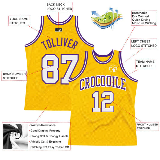 Custom Gold White-Purple Authentic Throwback Basketball Jersey