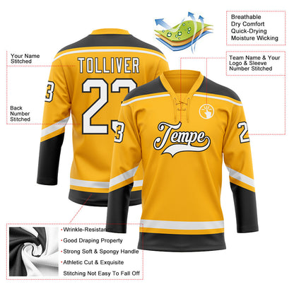 Custom Gold White-Black Hockey Lace Neck Jersey