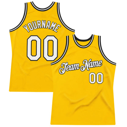 Custom Gold White-Black Authentic Throwback Basketball Jersey