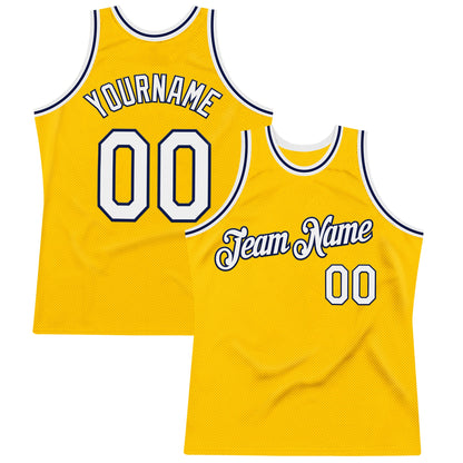 Custom Gold White-Navy Authentic Throwback Basketball Jersey