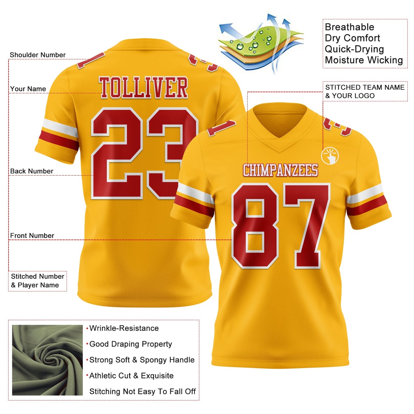 Custom Gold Red-White Mesh Authentic Football Jersey
