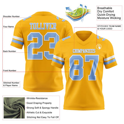 Custom Gold Light Blue-White Mesh Authentic Football Jersey