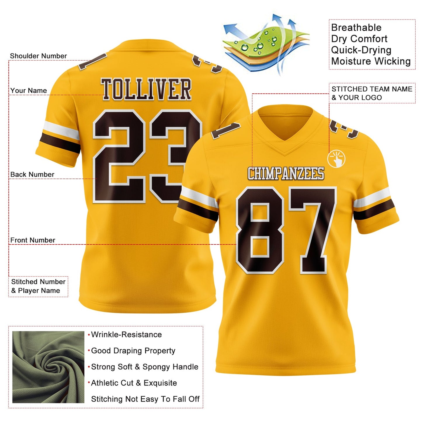 Custom Gold Brown-White Mesh Authentic Football Jersey
