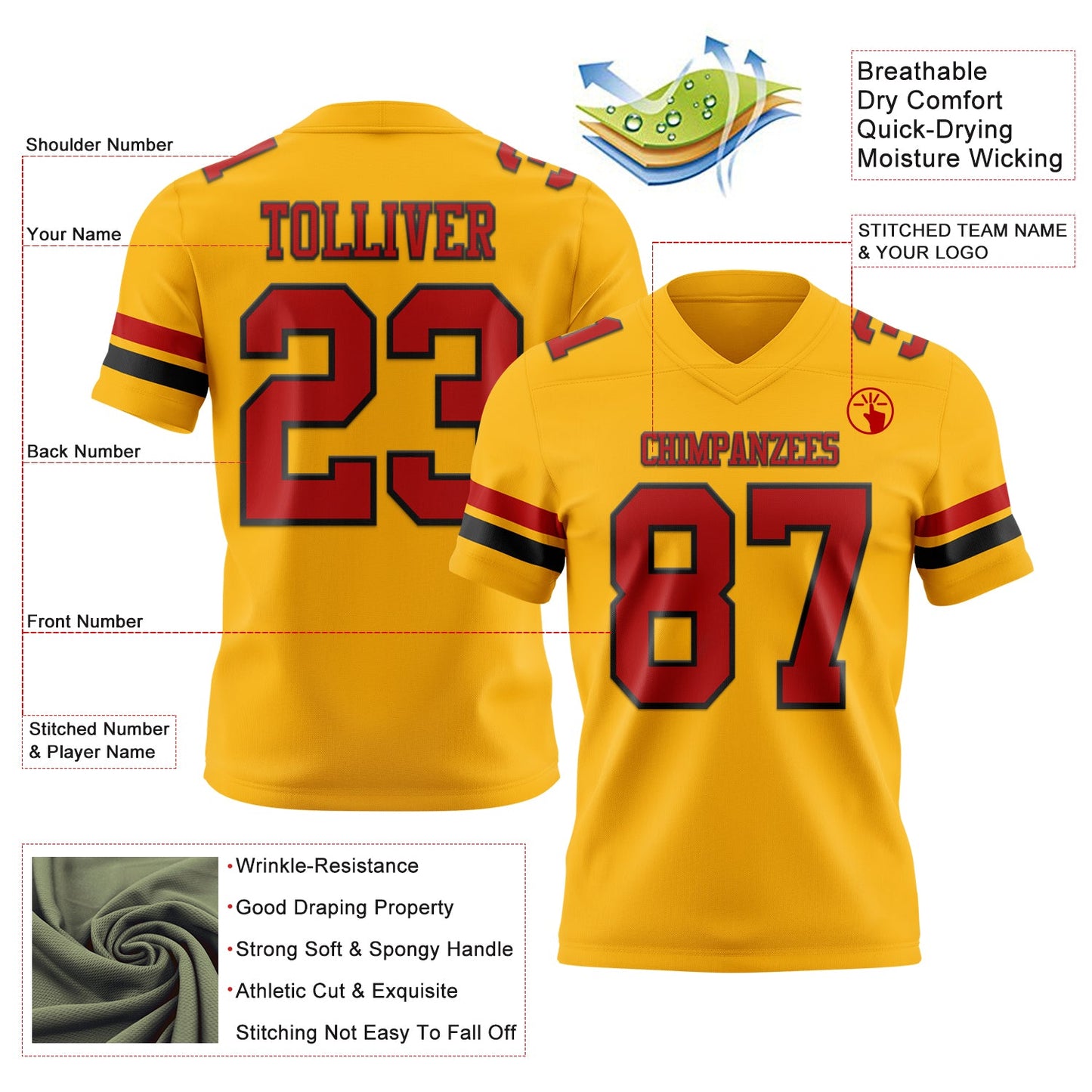 Custom Gold Red-Black Mesh Authentic Football Jersey