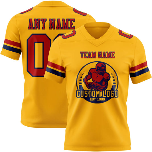 Custom Gold Red-Navy Mesh Authentic Football Jersey