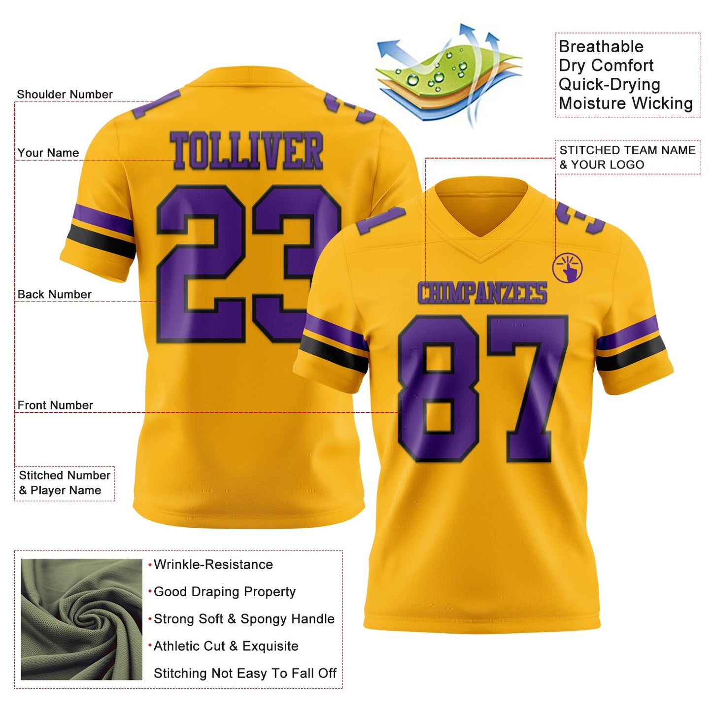 Custom Gold Purple-Black Mesh Authentic Football Jersey