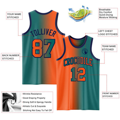 Custom Teal Orange-Navy Authentic Gradient Fashion Basketball Jersey