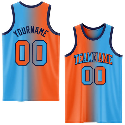 Custom Sky Blue Orange-Navy Authentic Gradient Fashion Basketball Jersey