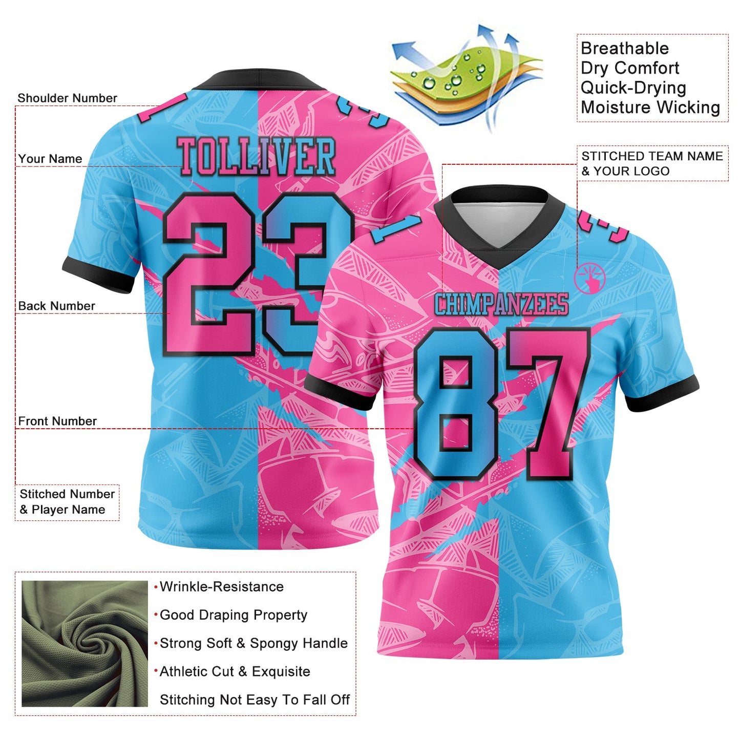 Custom Sky Blue Pink-Black Mesh Authentic Gradient Fashion Scratch Football Jersey