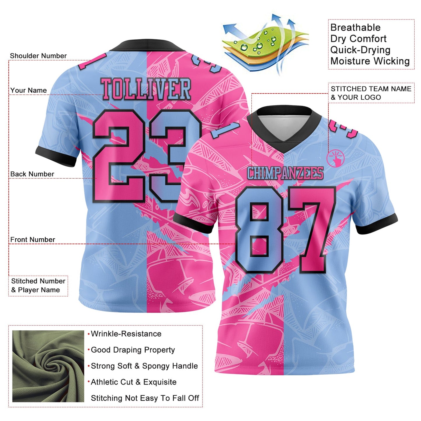 Custom Light Blue Pink-Black Mesh Authentic Gradient Fashion Scratch Football Jersey