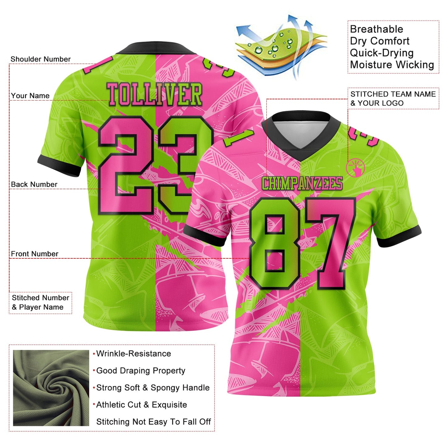Custom Neon Green Pink-Black Mesh Authentic Gradient Fashion Scratch Football Jersey