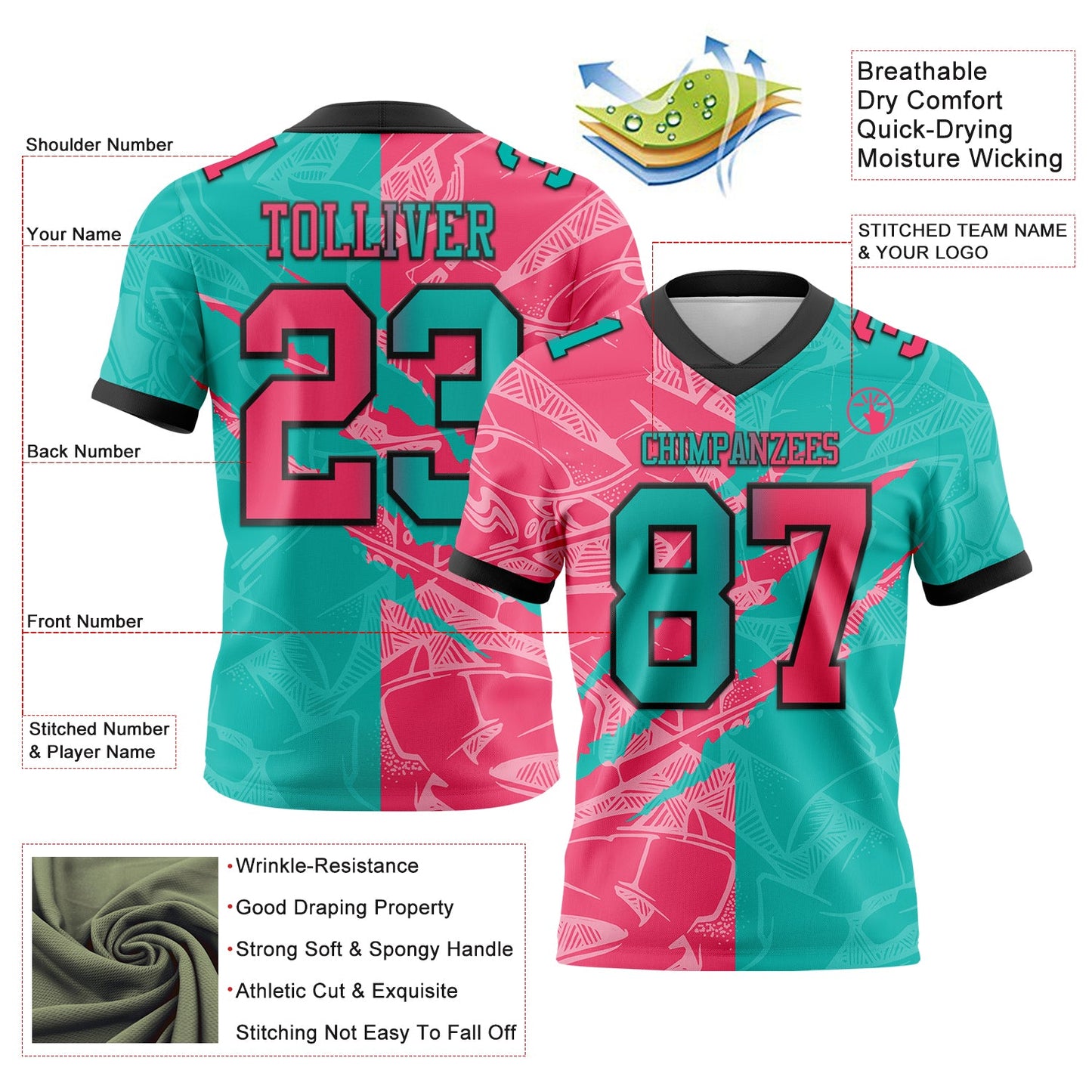 Custom Aqua Neon Pink-Black Mesh Authentic Gradient Fashion Scratch Football Jersey