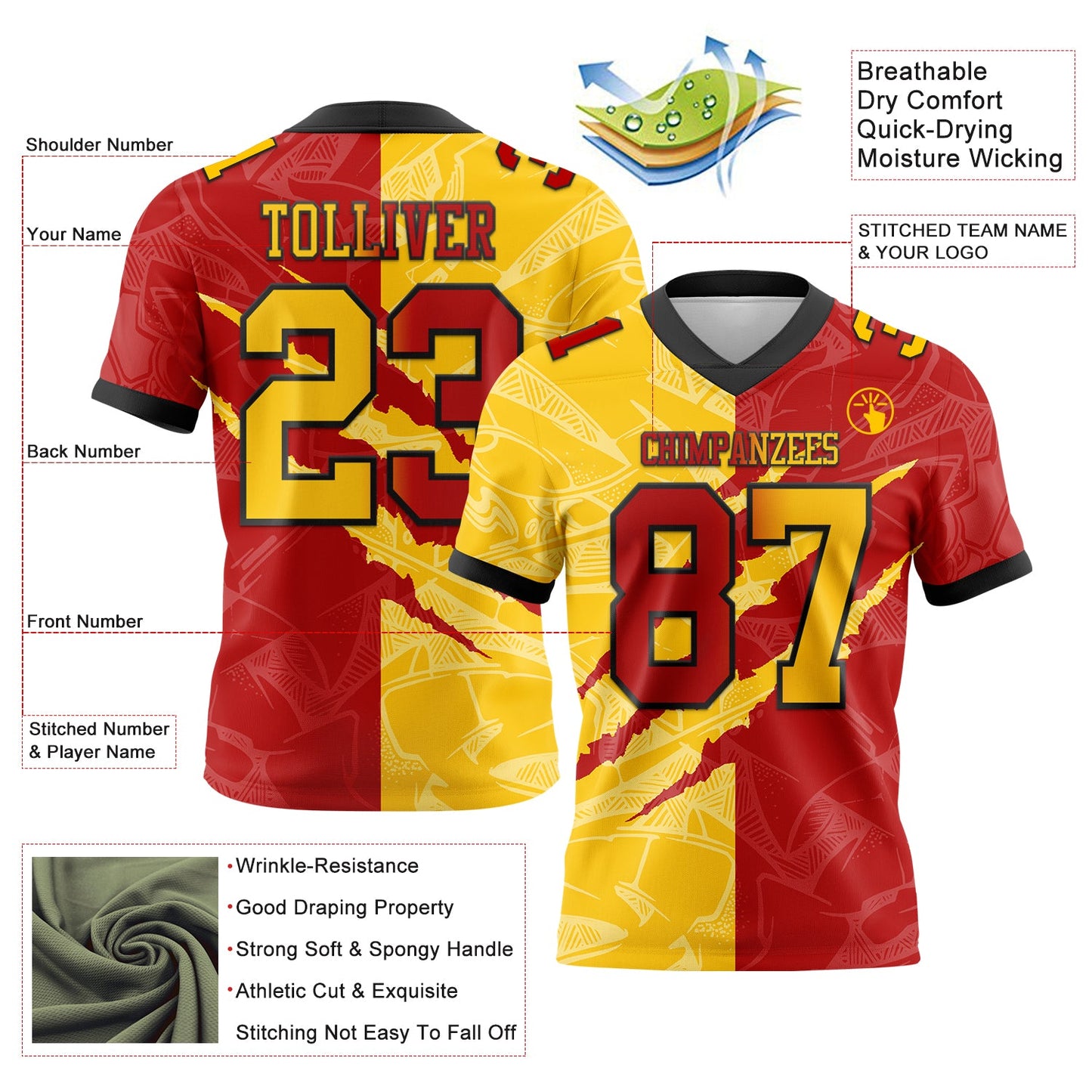 Custom Red Yellow-Black Mesh Authentic Gradient Fashion Scratch Football Jersey