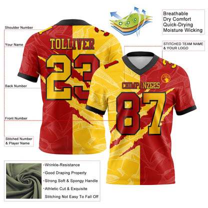 Custom Red Yellow-Black Mesh Authentic Gradient Fashion Scratch Football Jersey