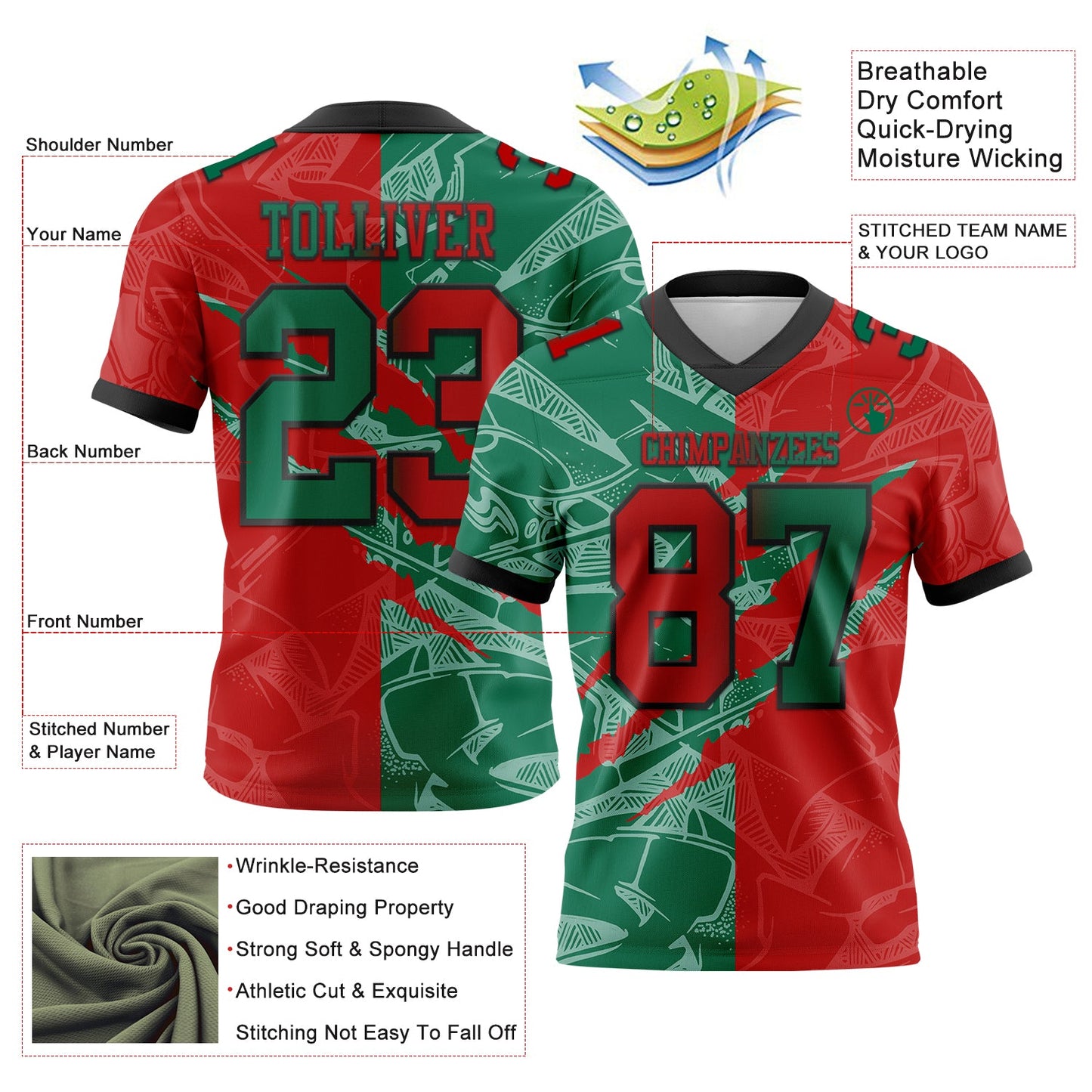 Custom Red Kelly Green-Black Mesh Authentic Gradient Fashion Scratch Football Jersey