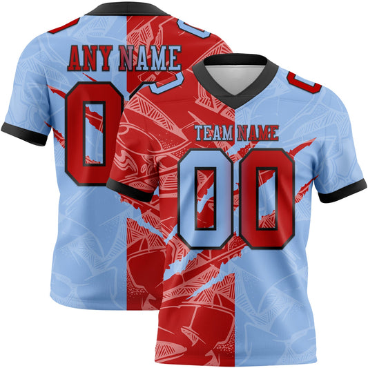 Custom Light Blue Red-Black Mesh Authentic Gradient Fashion Scratch Football Jersey