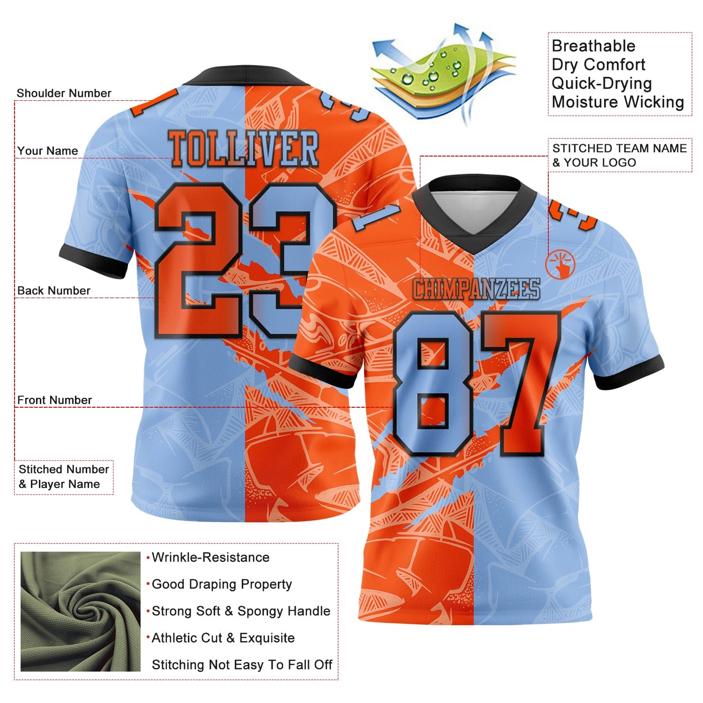 Custom Light Blue Orange-Black Mesh Authentic Gradient Fashion Scratch Football Jersey
