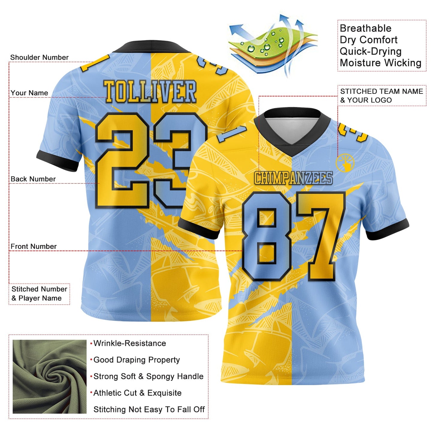 Custom Light Blue Yellow-Black Mesh Authentic Gradient Fashion Scratch Football Jersey