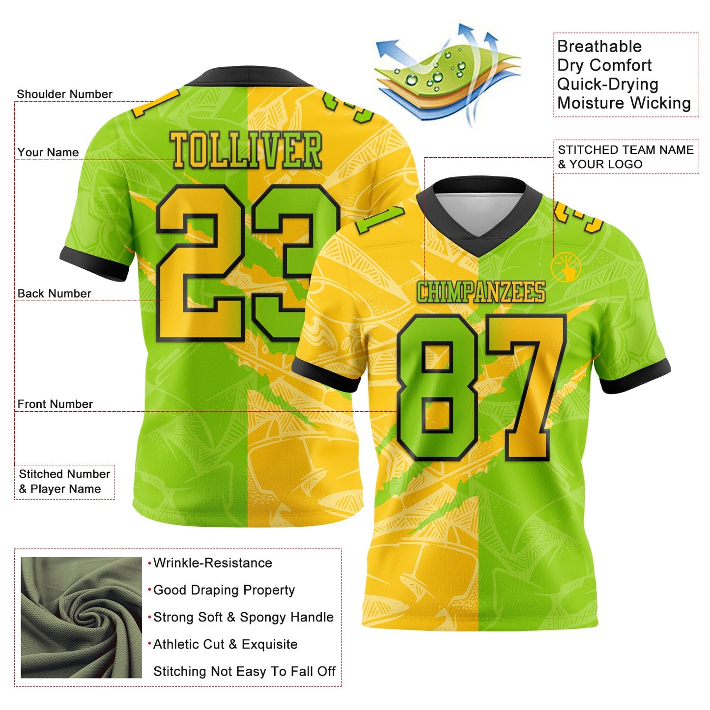Custom Neon Green Yellow-Black Mesh Authentic Gradient Fashion Scratch Football Jersey